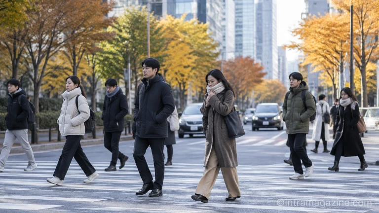 찬 바람이 부는 도심 횡단보도에서 겉옷을 여미고 걸어가는 시민들의 모습