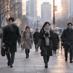 기온이 급격히 떨어진 쌀쌀한 가을 아침에 두꺼운 겉옷을 입고 출근하는 시민들의 모습