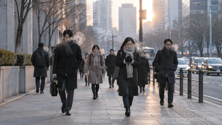 기온이 급격히 떨어진 쌀쌀한 가을 아침에 두꺼운 겉옷을 입고 출근하는 시민들의 모습