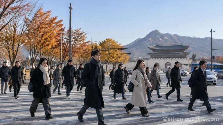 두꺼운 외투를 입고 도심 출근길을 걷는 시민들의 모습