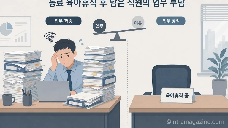 동료의 육아휴직으로 인해 서류 더미에 파묻혀 힘들어하는 직장인의 모습 일러스트.