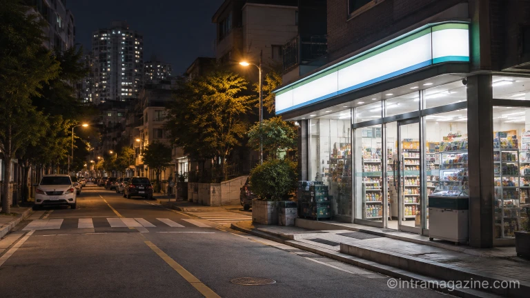 야간에 영업 중인 편의점 전경