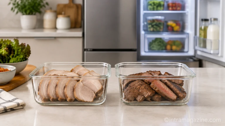 밀폐 용기에 담겨 냉장 보관을 준비 중인 조리된 소고기와 돼지고기 수육