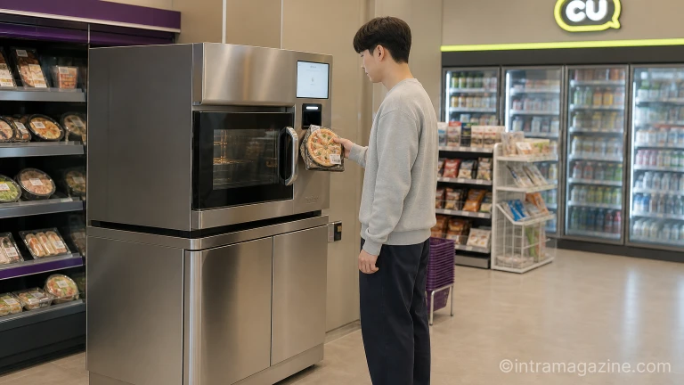 CU 편의점에서 한 고객이 스마트쿠커에 상품 바코드를 스캔하는 모습