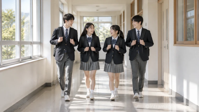 학교 복도를 이동하며 대화를 나누는 학생들의 일상적인 모습