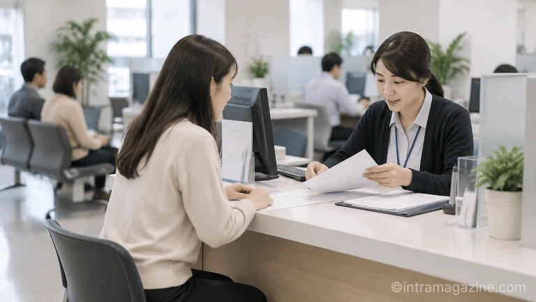 공공기관 접수 창구에서 채용 관련 서류를 확인하고 제출하는 모습