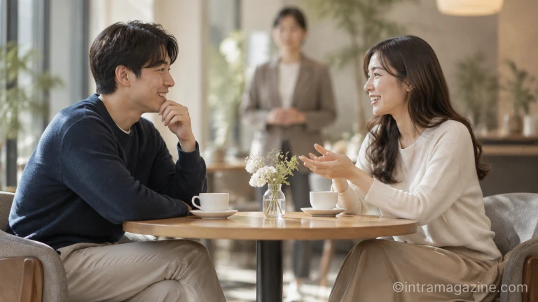 카페 테이블에 마주 앉아 대화를 나누는 남녀와 주선자를 연상시키는 실루엣