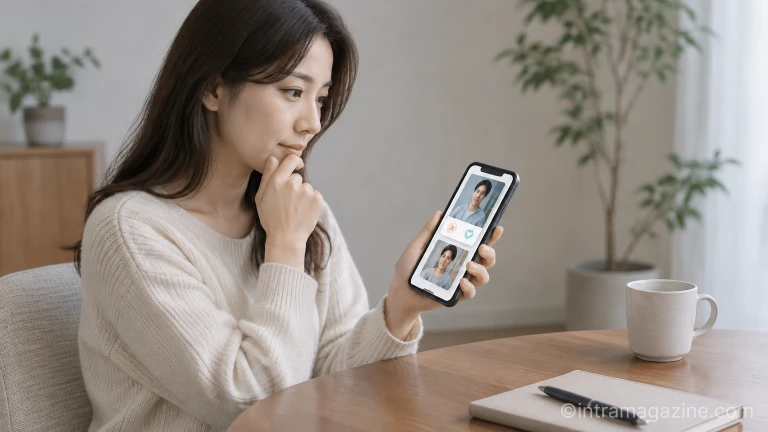 스마트폰 데이팅 앱 화면을 바라보며 프로필을 살피는 사람의 손과 화면