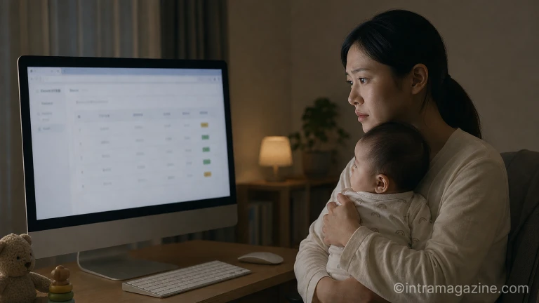 아기를 안은 부모가 컴퓨터로 어린이집 입소 대기 현황을 확인하며 걱정하는 모습