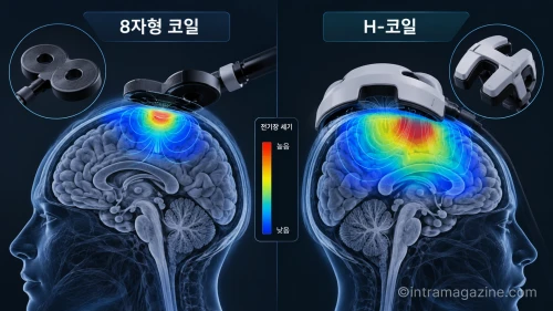 일반 자기자극 코일과 H-코일의 형태 및 전기장 분포 비교 그림