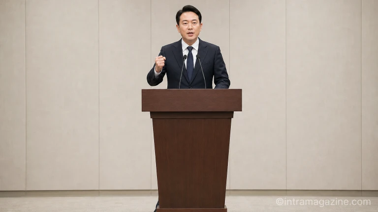 기자회견장에서 마이크를 앞에 두고 발언하는 정치인