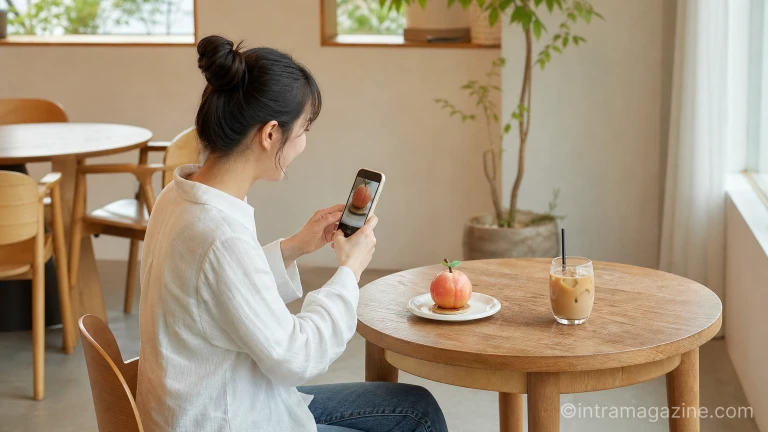 스마트폰으로 독특한 모양의 디저트 케이크를 촬영하는 손