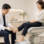 의사가 당뇨발 위험이 있는 환자의 발을 진찰하는 모습