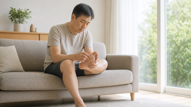 당뇨병 환자가 매일 자신의 발 상태를 스스로 점검하는 모습