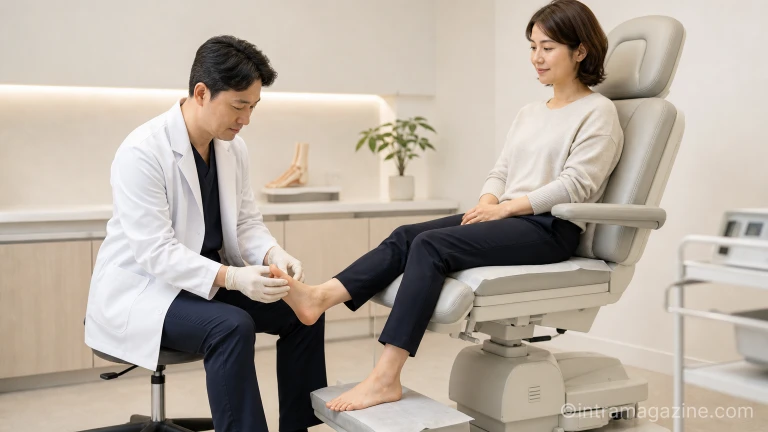 의사가 당뇨발 위험이 있는 환자의 발을 진찰하는 모습