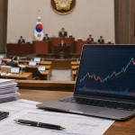 디지털자산 과세 시행을 앞두고 컴퓨터 모니터에 표시된 거래 차트와 세무 문서