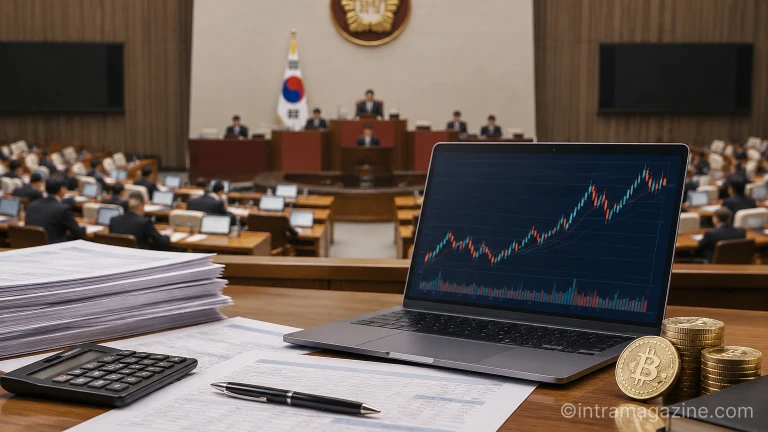 디지털자산 과세 시행을 앞두고 컴퓨터 모니터에 표시된 거래 차트와 세무 문서