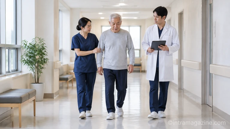 어지럼증 환자의 보행 균형 상태를 관찰하며 안전하게 보조하는 의료진의 모습