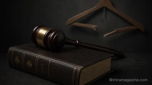 가정폭력 집행유예 논란, 법원 판결을 상징하는 의사봉과 법전, 배경으로 부서진 바지걸이가 놓여있는 일러스트