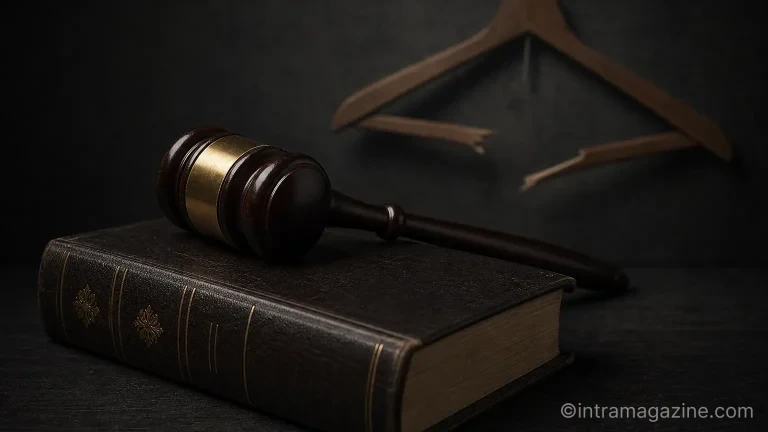 법원 판결을 상징하는 의사봉과 법전, 배경으로 부서진 바지걸이가 놓여있는 일러스트