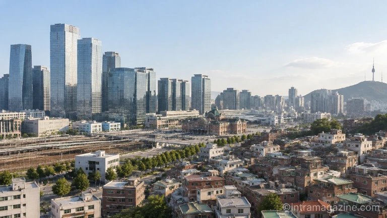 서울역 주변 고층 빌딩과 동자동 쪽방촌 공공주택지구 지정 대상지가 함께 내려다보이는 도심 전경