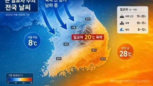 내륙을 중심으로 20도에 육박하는 일교차를 보여주는 기상도