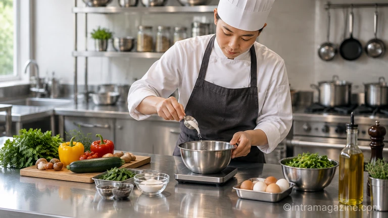 조리실에서 식재료를 다듬으며 새로운 조리법을 연구하는 모습