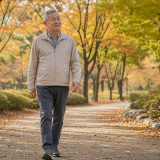 가을 공원에서 산책하며 노인 낙상 예방을 실천하는 노인의 모습