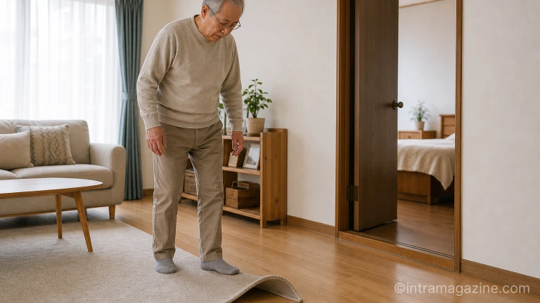 노인 낙상 사고의 원인이 될 수 있는 집 안의 문턱과 카펫