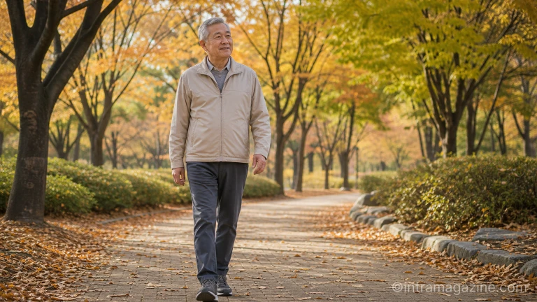 가을 공원에서 산책하며 노인 낙상 예방을 실천하는 노인의 모습