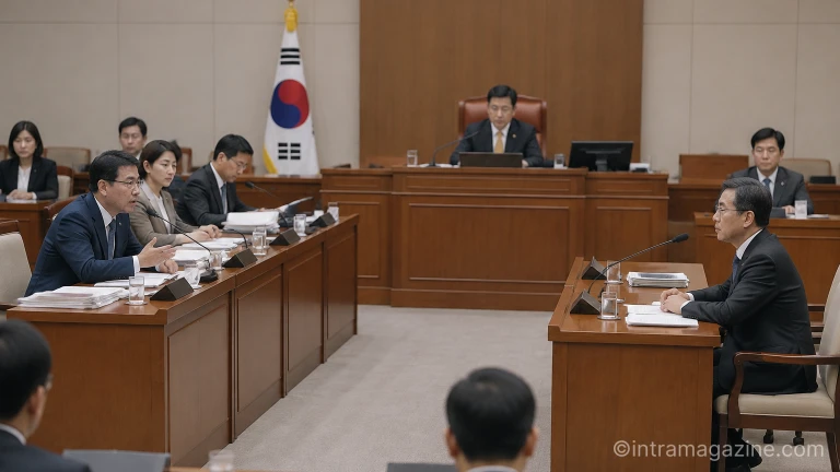 국정감사장에서 의원이 질의하고 증인이 답변하는 모습