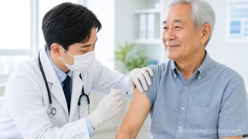 의사가 65세 이상 어르신에게 독감 예방접종을 하고 있다.