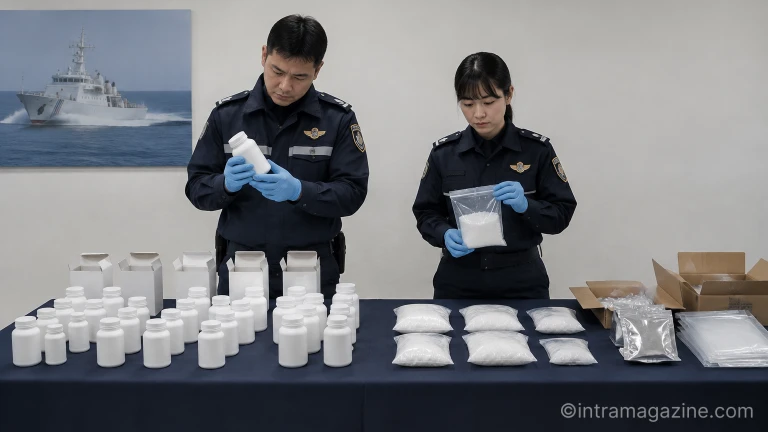 통영해경이 압수한 액체 영양제 포장재와 필로폰 증거물