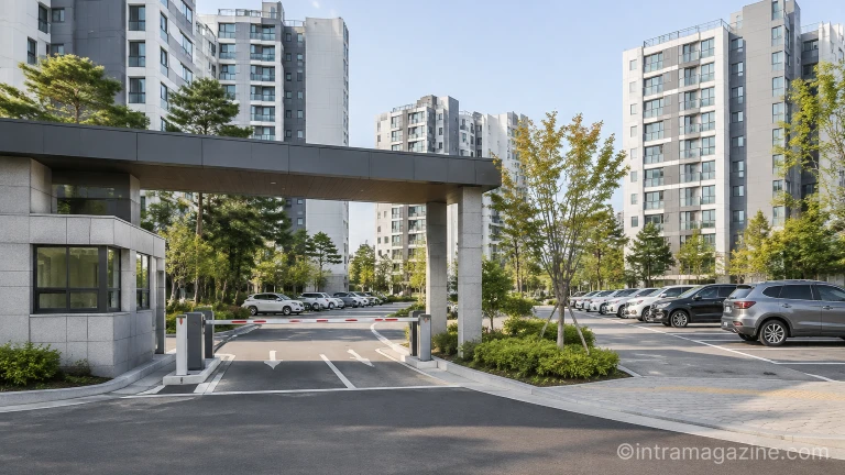 아파트 단지 주출입구 차단기와 지상 주차 시설이 보이는 단지 풍경