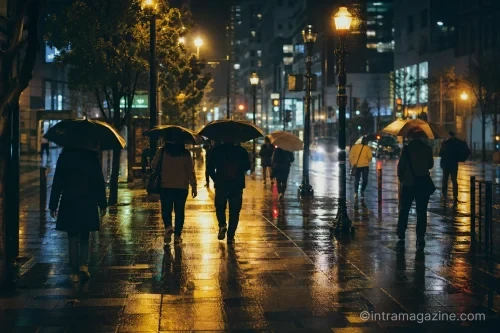 밤에 우산을 쓰고 길을 걷는 사람들