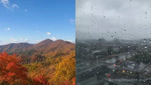 맑은 가을 하늘과 비 오는 창밖 풍경이 대비되는 개천절 연휴 날씨 예보 이미지