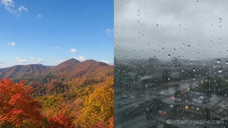 맑은 가을 하늘과 비 오는 창밖 풍경이 대비되는 개천절 연휴 날씨 예보 이미지
