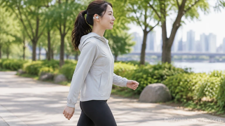 야외 공원에서 귀 바깥쪽에 클립형 무선 이어폰을 착용하고 있는 사람의 옆모습