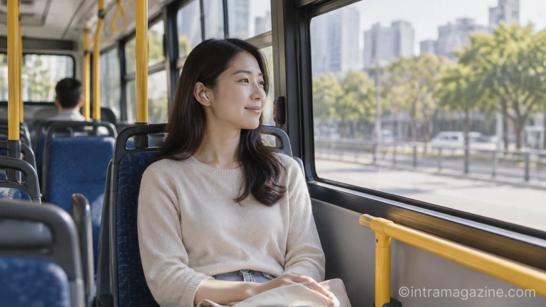 버스 창가 좌석에 앉아 클립형 무선 이어폰을 착용하고 바깥을 바라보는 승객의 모습