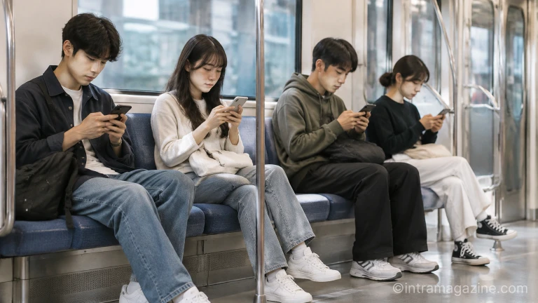 공공장소에서 스마트폰을 통해 비대면 텍스트 소통에 집중하고 있는 청년 세대