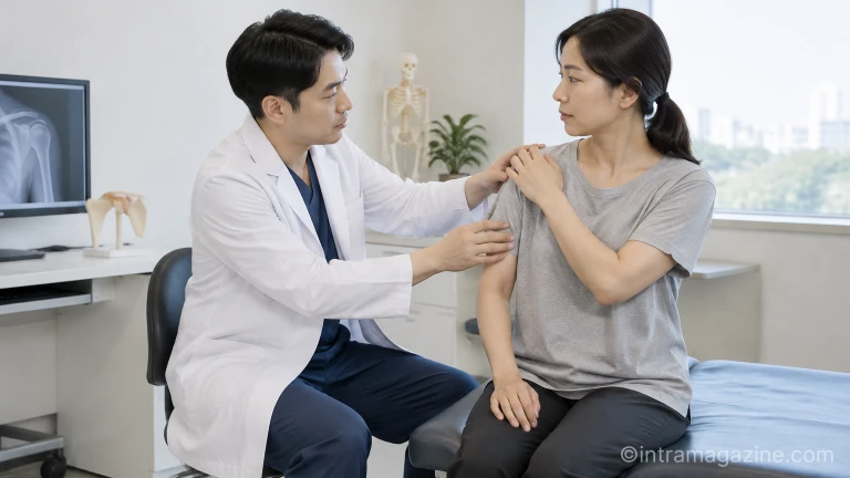 진료실에서 정형외과 의사가 환자의 어깨 관절 상태를 진찰하는 모습
