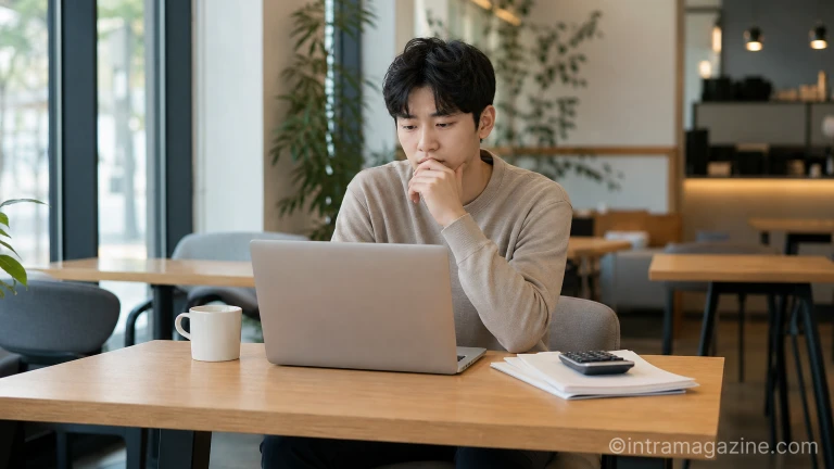 노트북으로 자격증 시험 정보를 확인하며 고민하는 청년의 모습