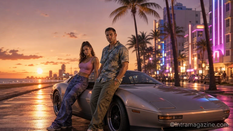 GTA 6의 두 주인공 제이슨과 루시아가 화려한 도시를 배경으로 서 있는 모습