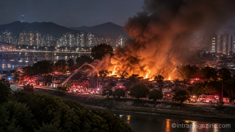 야간에 발생한 구룡마을 화재 현장에서 불길을 진압 중인 소방 대원들