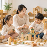 어린이집 교실에서 교사와 영유아들이 모여 블록 놀이를 진행하는 장면