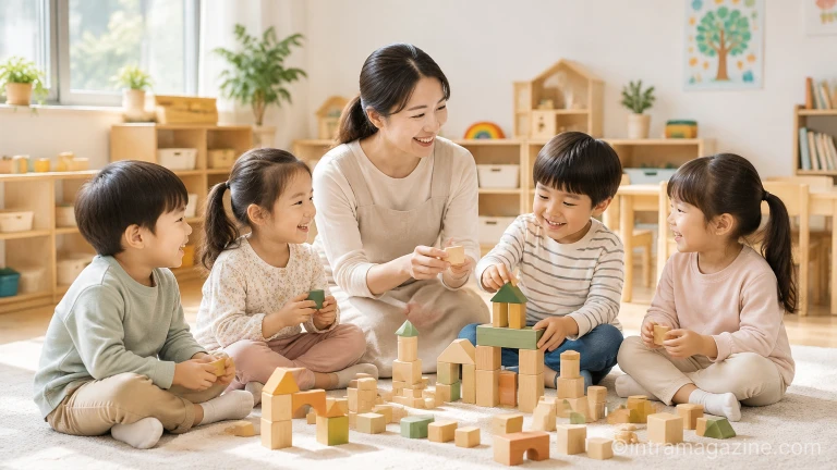 어린이집 교실에서 교사와 영유아들이 모여 블록 놀이를 진행하는 장면