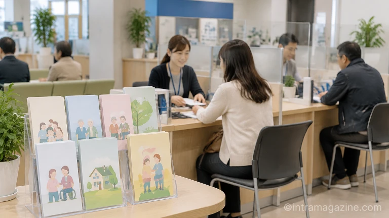 행정복지센터 안내 데스크에 비치된 복지 정책 안내문과 상담 창구