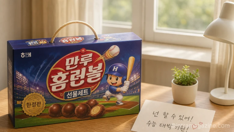 책상 위에 놓인 해태제과 수능 한정판 만루홈런볼 제품 패키지