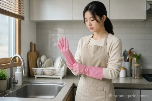 설거지를 하기 위해 고무장갑을 착용하는 손