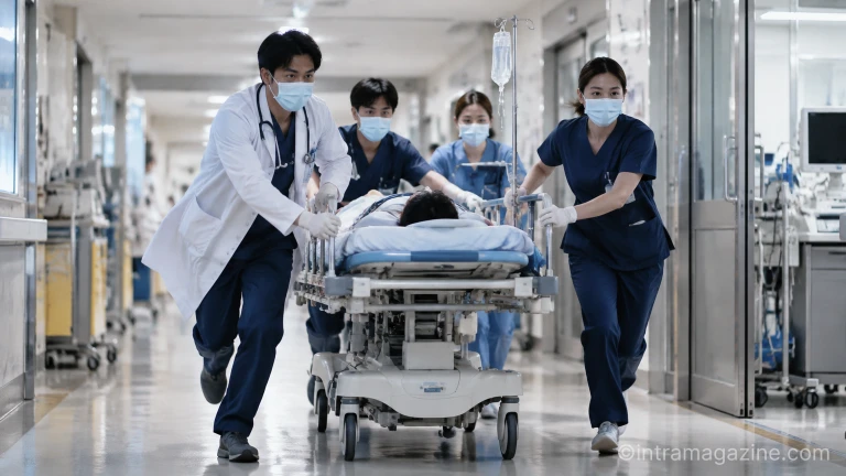 병원 중증외상센터 복도를 분주하게 이동하는 의료진과 이송용 카트 하영
